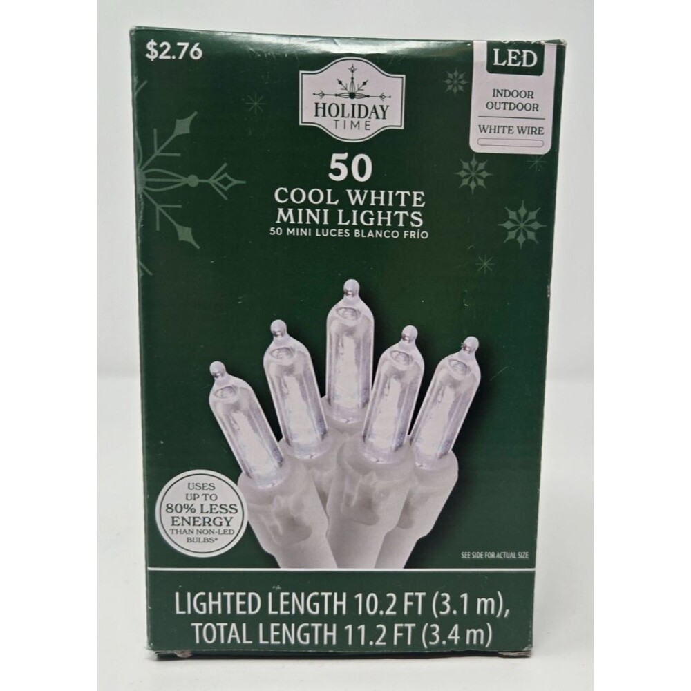 Holiday Time 50 Cool White LED Mini Lights White Wire Christmas Indoor/Outdoor
